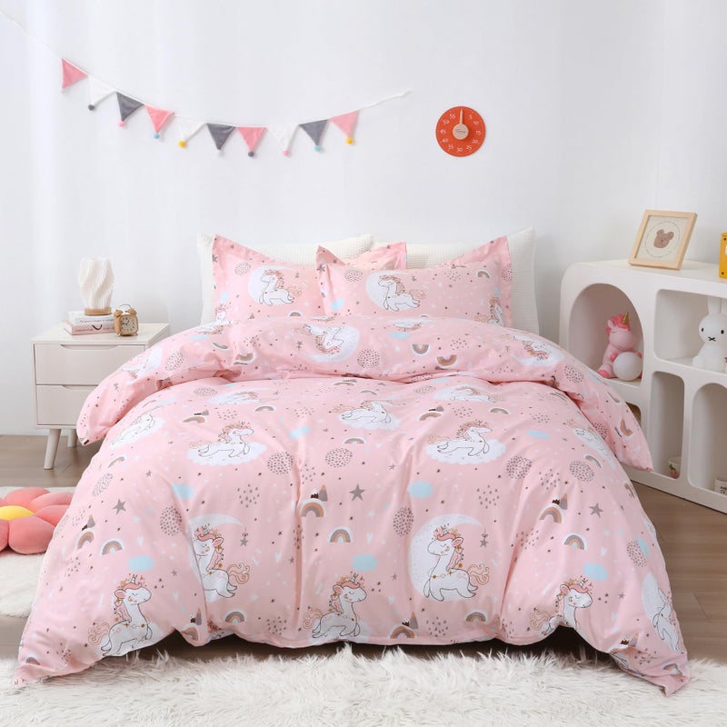 JSD Pink Unicorn Kids Duvet Cover Set Queen Size, 3 Piece Girls Printed Microfiber Bedding Comforter Cover with Pillow Shams Zipper Closure, Comforter Not Included - Image 1